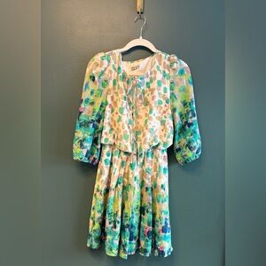 Eliza J Floral Abstract Print Blouson Waist Tie Front Puff Sleeve Dress size 4